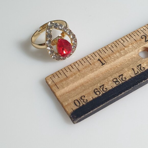 Gold Tone Open Adjustable Ring Red Gemstone Crystal Accents Tear Drop Mom Gift - Picture 3 of 5
